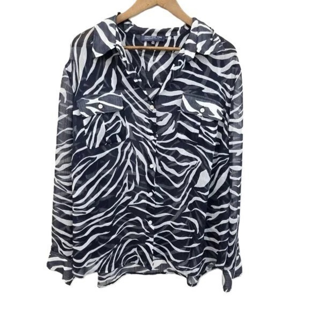 Jones New York Zebra Print Button-Up Blouse Womens 3X Blue Sheer Long Sleeve Top